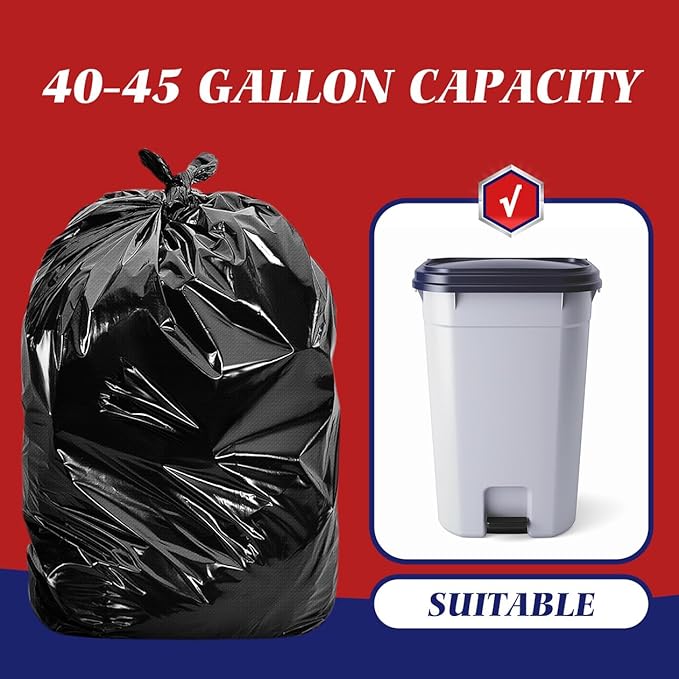 Teivio Trash Bags, 40-45 Gallon, 26 Count, Black, for Bathroom, Office, Industrial, Commercial, Janitorial, Municipal, Recycling