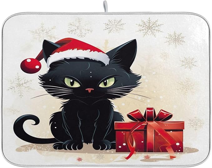 Christmas Dish Drying Mat Kitchen Counter Absorbent Black Cat Coffee Sink Mat Dish Drainer Pad 18 Inch x 16 Inch