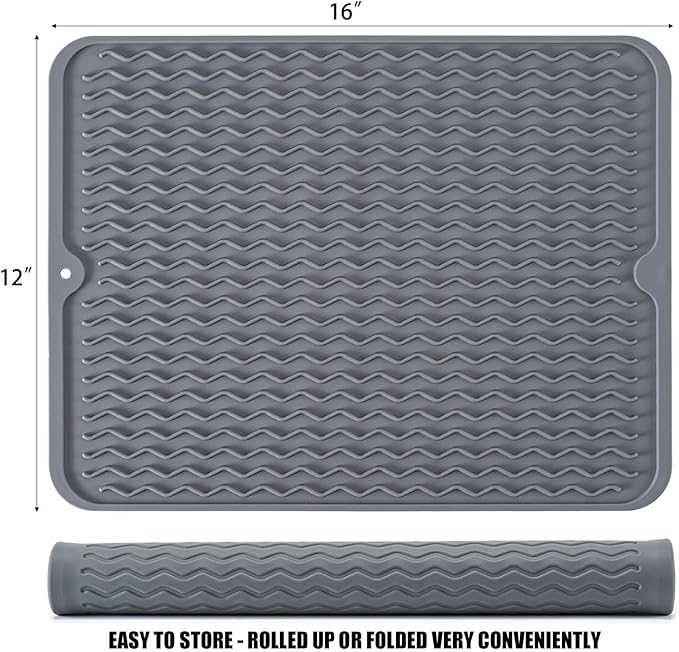 Silicone Dish Drying Mat, Non-Slip Easy Clean Sink Mat Large Heat-resistant Dish Drainer Mat for Kitchen Counter, Sink, Refrigerator or Drawer liner (16" x 12", GREY)