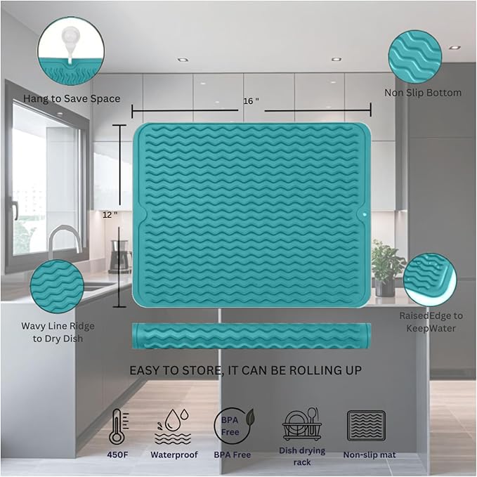 Silicone Drying Mat 16 × 12 – Teal Green Non-Slip Sink Mat for Kitchen Counter, Heat-Resistant Food-Grade Dish Pad, Easy-Clean Multipurpose Drawer Liner (Teal Green, 16" x 12")