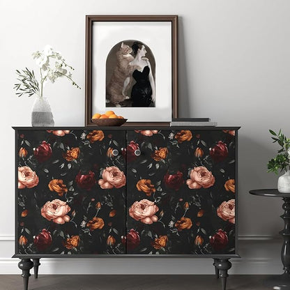 Dark Floral Wallpaper Peel and Stick, Black Vintage Orange/Pink Rose Contact Paper 17.5 x 393.7in, Waterproof Self Adhesive Flower Retro Boho Wall Paper for Bedroom Walls Cabinet Shelf Table Drawer