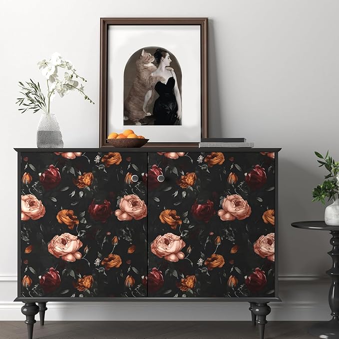 Dark Floral Wallpaper Peel and Stick, Black Vintage Orange/Pink Rose Contact Paper, Waterproof Self Adhesive Flower Boho Wall Paper for Bedroom Bathroom Walls Bookcase Shelf Table Drawer 17.5 x 118in