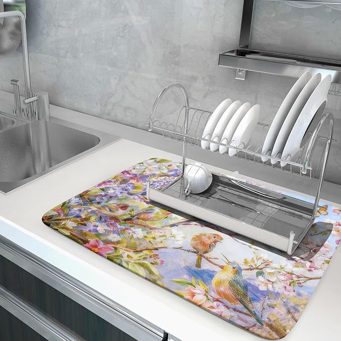 Floral Birds Dish Drying Mat Spring Decoration Absorbent Dish Drain Cloth Mat 18 X 24 for Kitchen Coffee Bar