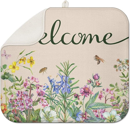 Dish Drying Mat Drainer Pads - Extra Large Microfiber Drying Mats for Dishes Spring Summer Flower Kitchen Counter Super Absorbent Pads for Draining Racks (Beige,16"x18" )