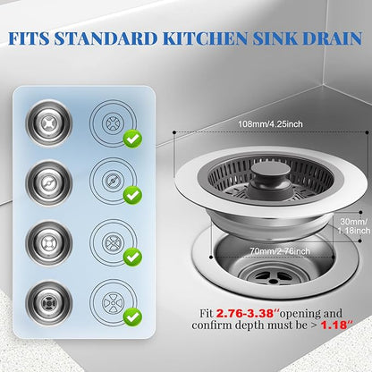 Upgraded 3in1 Kitchen Sink Drain Strainer & Sink Stopper,304 Stainless Steel Metal Sink Drain Stopper with Anti-Clogging Wider Strainer Basket,Kitchen Essentials for US Standard 3-1/2" Drain (Silver)
