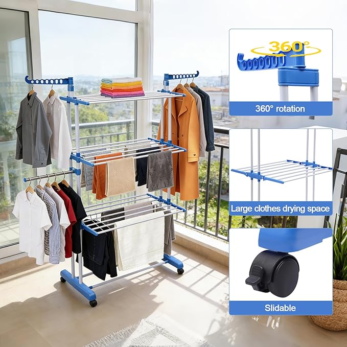 Foldable Clothes Drying Rack, 4 Tier Metal Clothes Rail with Wheels 7 Windproof Hooks Clothes Horses Rack Laundry Garment Dryer Stand with 2 Side Wings Indoor, Outdoor, Bedroom, Loft (Blue)