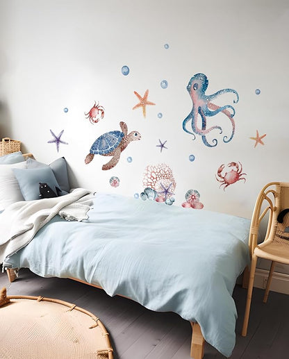 Alwayspon Octopus and Turtle Wall Decals Vinyl Removable Wall Murals Peel and Stick Self Adhesive House Wall Sticker Decor for Bedroom Living Room Nursery