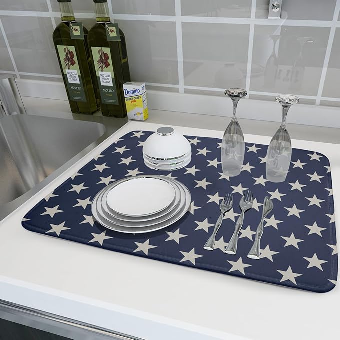 Patriotic July of 4th Blue Star Dish Drying Mat for Kitchen Counter 18x24 Memorial Independence Day Absorbent Reversible Microfiber Drying Mats Kitchen Countertop Protector Dishes Drainer Pad