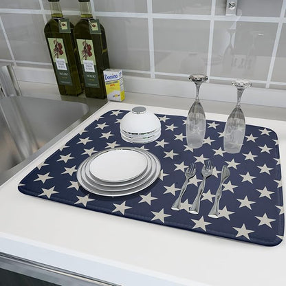 Patriotic July of 4th Blue Star Dish Drying Mat for Kitchen Counter 18x24 Memorial Independence Day Absorbent Reversible Microfiber Drying Mats Kitchen Countertop Protector Dishes Drainer Pad