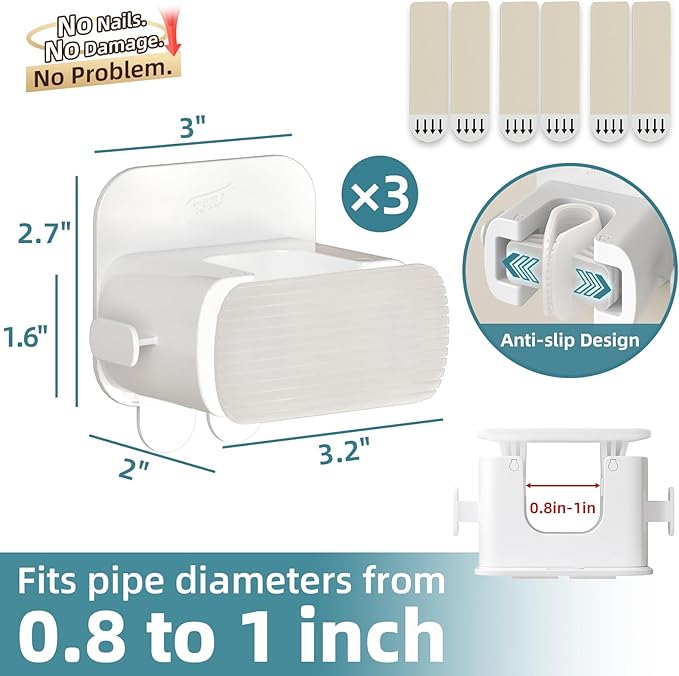 TAILI Mop and Broom Holder Wall Mount Grippers, 3 Hangers and 8 Adhesive Strips, Damage Free Hanging Wall Mount, Household Cleaning Organizer for Organization and Storage, Holds up to 4 lbs, White