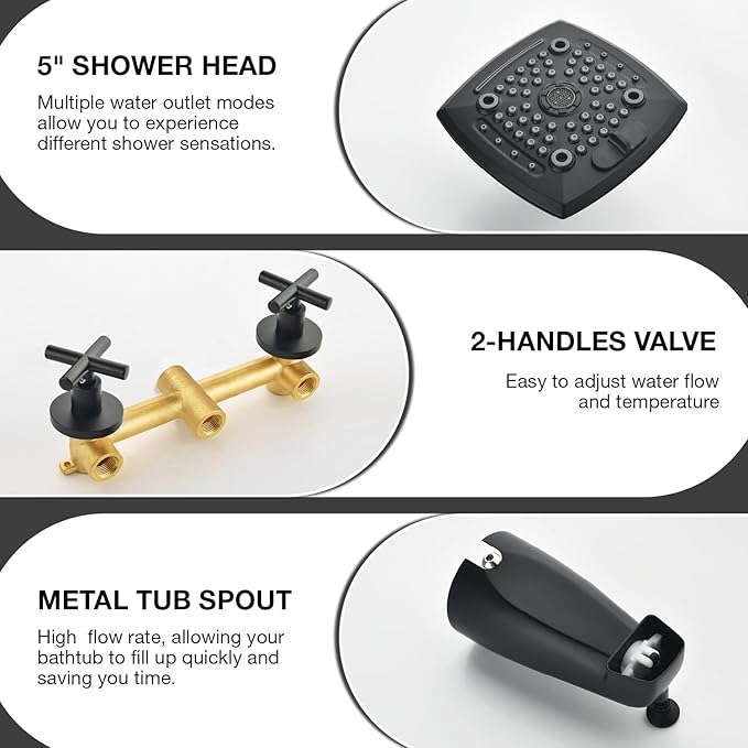 2 Handle Shower Faucet Set with Tub Spout 6-Spray Shower Head and Handle Set Shower Trim Kit with Rough-in Valve Bathroom Shower Faucet Valve Trim Kit Matte Black