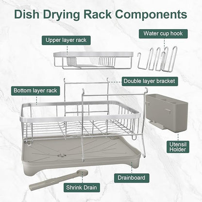 LIYI Dish Drying Rack,Large Dish Rack for Kitchen Counter,2-Tier Dish Racks with draining Tray,Detachable Capacity Dish Drainer Organizer,Grey