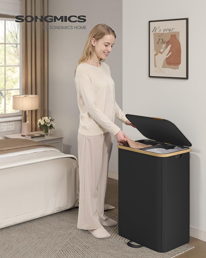 SONGMICS Laundry Hamper, Laundry Sorter with Lid, Storage Basket Bin, Removable Liners, Bamboo Frame, for Bedroom, 2 Sections, 39.6 Gal. (150 L), Ink Black ULCB532BH01