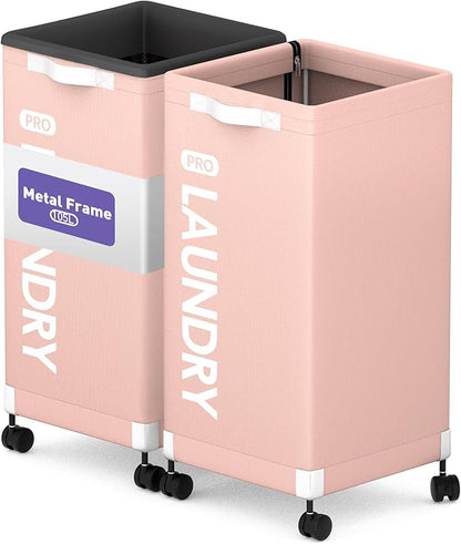 Caroeas Next-Gen 105L Matel Frame Laundry Basket with wheels, Heavy Duty Tall Rolling Laundry Hamper with Removable Wash Bag, Collapsible Freestanding Clothes Hamper For Laundry Room (105L,Pink,2Pack)