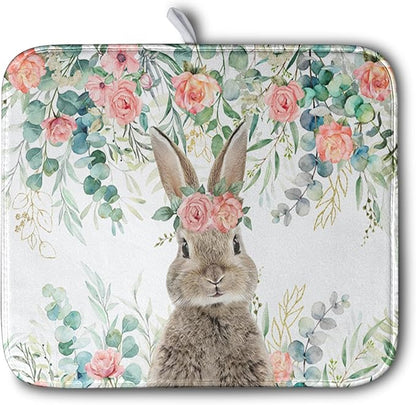 Easter Rabbit Dish Drying Mats for Kitchen Counter Easter Spring Watercolor Floral Bunny Absorbent Dish Drying Mat 16x18 Inch Absorbent Reversible Reusable Washable Dishes Drainer Mats
