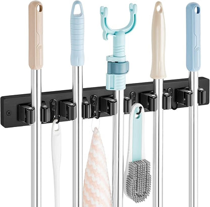 OUTNILI Mop and Broom Holder Wall Mount - Black Broom Mop Hanger - Wall Mounted Garden Tool Rack Organizer for Closet Garage Laundry Room Kitchen Decor With 5 Slots & 4 Hooks