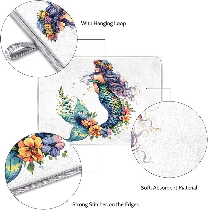 Honeybaby Dish Drying Mat Beautiful Mermaid Dish Drying Mats for Kitchen Counter Absorbent Kitchen Drying Mat Dish Rack Mat 18x24 inches