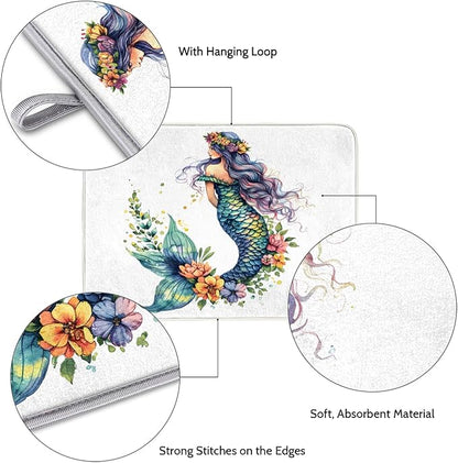 Honeybaby Dish Drying Mat Beautiful Mermaid Dish Drying Mats for Kitchen Counter Absorbent Kitchen Drying Mat Dish Rack Mat 18x24 inches