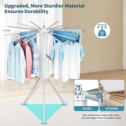 JAUREE Tripod Clothes Drying Rack Foldable, Laundry Drying Rack Collapsible, Portable Clothing Drying Rack Folding Indoor, Octopus Space Saving Laundry Stand with 16 Extendable Aluminum Rods