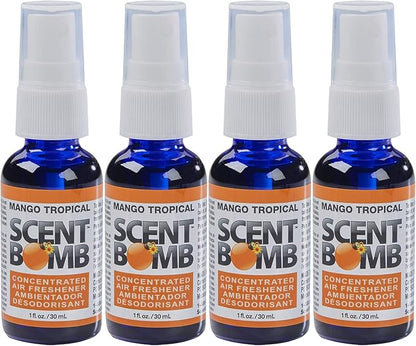 Scent Bomb Air Freshener Spray, Long-Lasting Odor Eliminator - Effective Deodorizer for Home & Car, Fresh Room Spray for Kitchen, Bathroom & Smell Neutralizer - 1 oz Pack of 4, Mango Tropical Scent