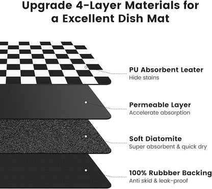 16" x 24" Checkered Dish Drying Mat for Kitchen Counter, Absorbent Coffee Bar Mat for Espresso Machine Coffee Countertops Accessories (Black)
