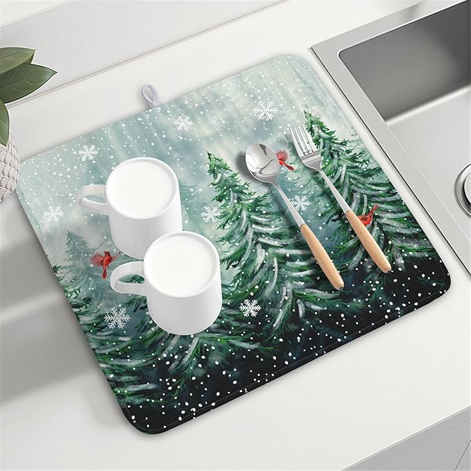 Welcome Winter Pines Tree Dish Drying Mat, Winter Snowflake Dish Drying Mat for Kitchen Counter, Red Birds Absorbent Fast Dry Dish Drainer Mat Protector Xmas Microfiber Dish Drying Pad 16"x18"