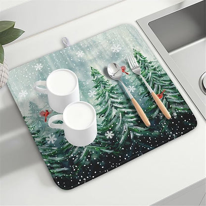 Welcome Winter Pines Tree Dish Drying Mat, Winter Snowflake Dish Drying Mat for Kitchen Counter, Red Birds Absorbent Fast Dry Dish Drainer Mat Protector Xmas Microfiber Dish Drying Pad 16"x18"