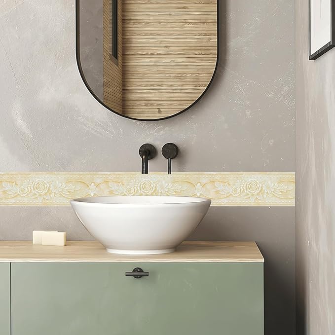 AbaBoorty Beige Floral Wallpaper Border Decor 394"X4.1" Peel and Stick Wall Border Waterproof Tiles Sticker Wallpaper Self Adhesive Removable Wall Stickers for Bedroom Living Room Decor