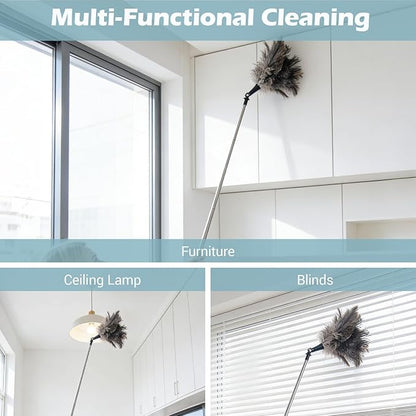 Feather Duster Extendable 22–47 Inch, Natural Ostrich Feather Duster with Long Handle for High Ceilings, Ceiling Fans, Walls，Furniture(Brown)
