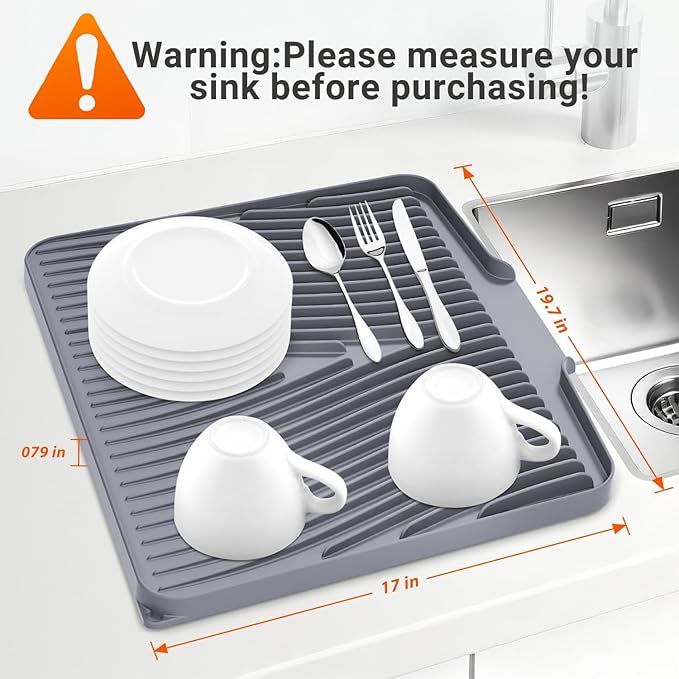 Silicone Dish Drying Mat for Kitchen Counter, Dish Drying Pad, Non-Slip Drain Pad with Built-in Drain, Heat Resistant Stone Drying Mat,Grey, 2pcs-XL