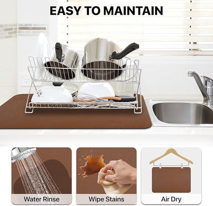 Dish Drying Mat for Kitchen Counter, Coffee Mat with Non-slip Rubber Backed, Hide Stain Absorbent for Kitchen Counter, Fit Under Coffee Maker, Dish Rack,12"x19",Brown