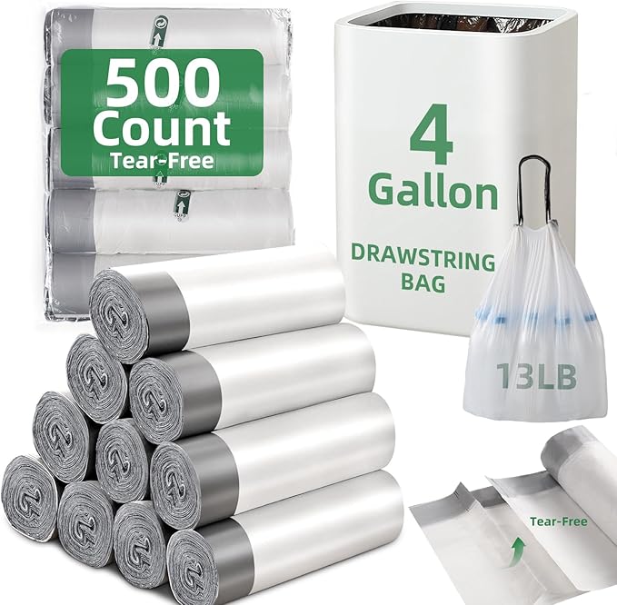 500 Counts 4 Gallon Trash Bag Drawstring Small Trash Bags, Thick Pre-separated Garbage Bags, Trash Bin Liners, Suitable for bathroom, kitchen, bedroom, office (White)