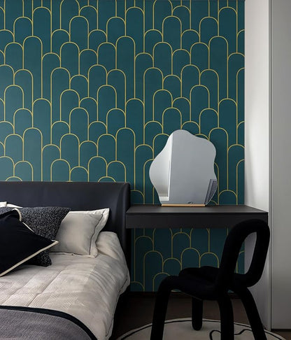 Yasinet Peel and Stick Wallpaper Green and Gold Wallpaper Modern Dark Green Contact Paper Gold Geometric Removable Self Adhesive Wall Paper for Bedroom/Cabinet Waterproof Bathroom Vinyl 393.7" x 17.3"
