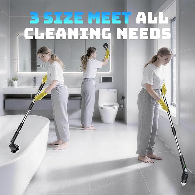 Electric Spin Scrubber, Powerful 2-Speed Cleaning Brush, IPX7 Waterproof with 7 Reusable Brush Heads & Extendable Handle, for Bathroom Toilet Shower Kitchen Wall Tile Floor Grout (Black)