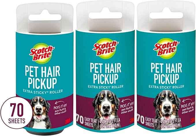 Scotch-Brite Pet Hair Pickup Extra Sticky Lint Roller Refills, 50% Stickier, Scotch Brand Adhesive, 4 in x 36.2 ft Each, 70 Sheets Per Refill, 3 Pack (210 Total Sheets)
