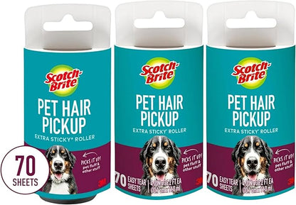 Scotch-Brite Pet Hair Pickup Extra Sticky Lint Roller Refills, 50% Stickier, Scotch Brand Adhesive, 4 in x 36.2 ft Each, 70 Sheets Per Refill, 3 Pack (210 Total Sheets)