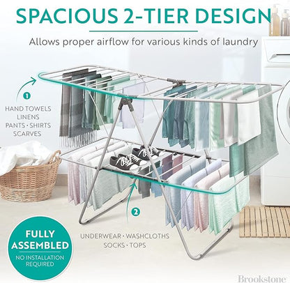 Brookstone 2 Tier Folding Rack - Indoor/Outdoor Collapsible Clothes Dryer Stand Laundry or Shoe Rack, Heavy Duty Freestanding Garment Hanger, Foldable, Clothing Drying Rack, White