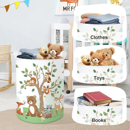 Forest Animals Laundry Hamper Woodland Tree Large Storage Basket Parents Organizer Kids Clothes Toy Bins for Bedroom, Bathroom, Squirrel, 63L