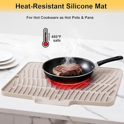 Silicone Dish Drying Mat for Kitchen Counter,Non-Slip Dish Drying Pad with Drain Lip,Heat Resistant Sink drying Mat for Dishes,Large Rubber dish drain mat dish rack mat (Cream,15.8"x13")