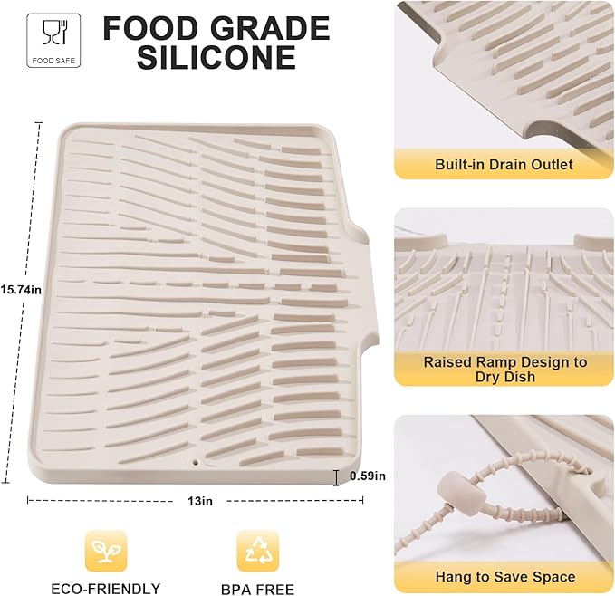 Silicone Dish Drying Mat for Kitchen Counter,Non-Slip Dish Drying Pad with Drain Lip,Heat Resistant Sink drying Mat for Dishes,Large Rubber dish drain mat dish rack mat (Cream,15.8"x13")
