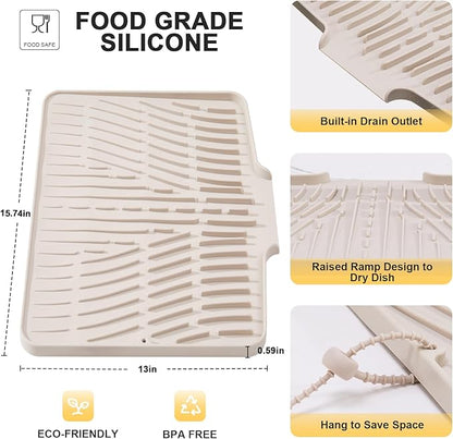Silicone Dish Drying Mat for Kitchen Counter,Non-Slip Dish Drying Pad with Drain Lip,Heat Resistant Sink drying Mat for Dishes,Large Rubber dish drain mat dish rack mat (Cream,15.8"x13")
