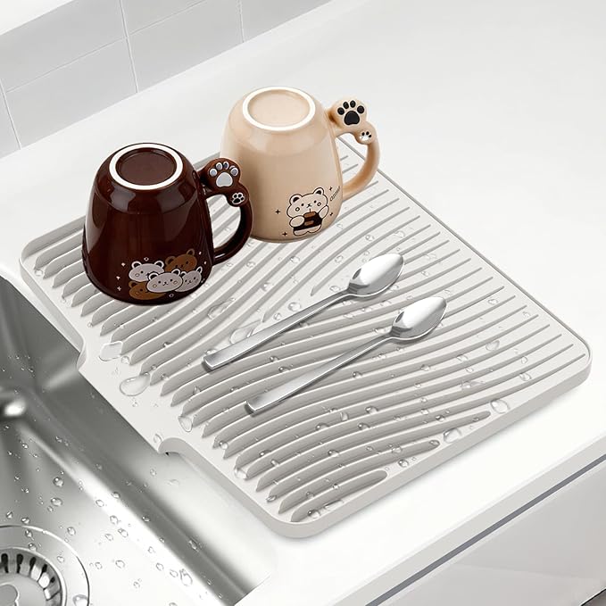 Silicone Dish Drying Mat for Kitchen Counter, Non-Slip Drain Pad, Dish Drying Pad, Easy to Clean Dish Rack Pad, Multi-Use as Heat Resistant Trivet, 15.8" x 13" , Cream