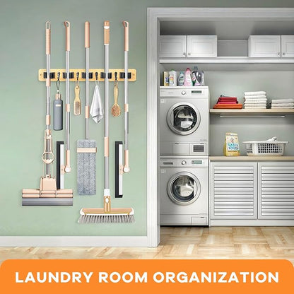 IMILLET Broom Holder Wall Mount, Bamboo Broom Hanger with 5 Racks 4 Hooks, Mop and Broom Holder Wall Mount Self Adhesive, Home Organization and Storage for Laundry Room, Closet, Utility Room