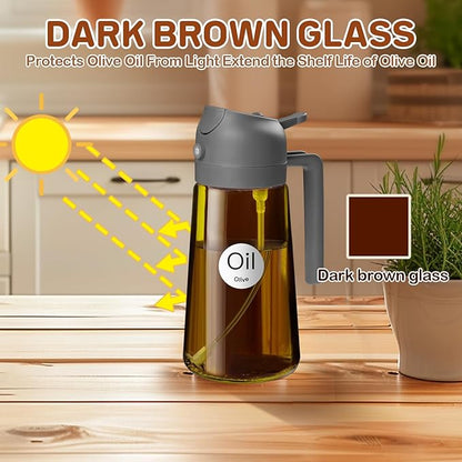 YARRAMATE 16oz/470ml Dark Brown Oil Sprayer for Cooking with Stickers, Food-grade Premium 2 in 1 Olive Oil Dispenser Bottle for Kitchen Gadgets, Air Fryer, Salad, Frying, BBQ (Grey)
