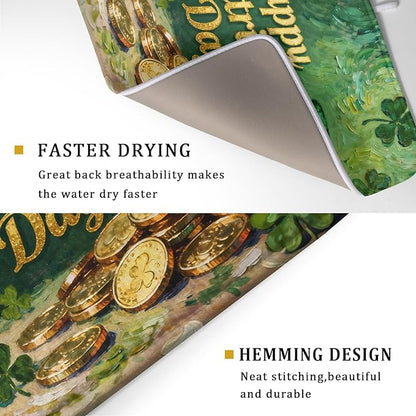St Patrick's Day Dish Drying Mat for Kitchen Counter 18x24 Gold Green Lucky Clover Hat Coin Happy Holiday Absorbent Reversible Microfiber Drying Mats Kitchen Countertop Protector Dishes Drainer Pad
