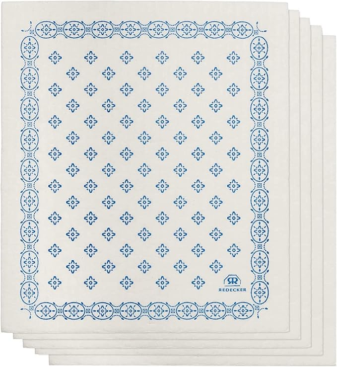 Redecker Reusable Cellulose Dishcloth, Bulk Set of 5, Eco-Friendly and Biodegradable Sponge Cleaning Cloths, Machine Washable, Durable, Absorbent, No Odor, Made in Germany