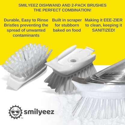 Smilyeez Soap Dispensing Dishwand (Grey) with Ergonomic Handle and 2 Interchangeable Brushes - Effortless Cleaning and Long-Lasting Durability - Kitchen and Dishwashing Essential