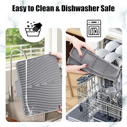 TIKNIK Silicone Dish Drying Mat, Stone Drying Mat for Kitchen Counter with Built-In Drain, Non-Slip Drain Pad with Built-in Drain, Heat Resistant Stone Drying Mat, Hangable, Grey-2pcs, 16" x 12"
