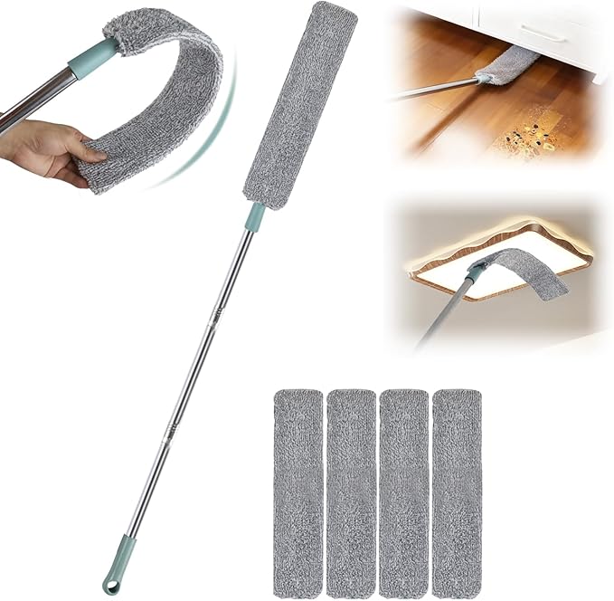 67 in Dusters for Cleaning with Extension Pole, Retractable Gap Dust Cleaner with 4PCS Microfiber Cloths, Baseboard Cleaner Tool with Handle for Blinds, Under Appliances Furniture Fridge