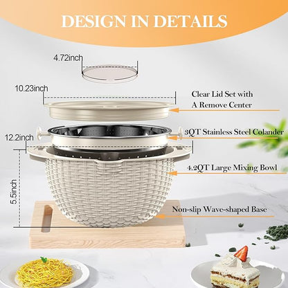 4-1 Colander with Bowl Set, Food Strainers and Colanders, Fruit Washing Bowl with Strainer, Rotatable Colander for Kitchen, Aesthetic Kitchen Gadget, Christmas & New Year Gifts - Beige